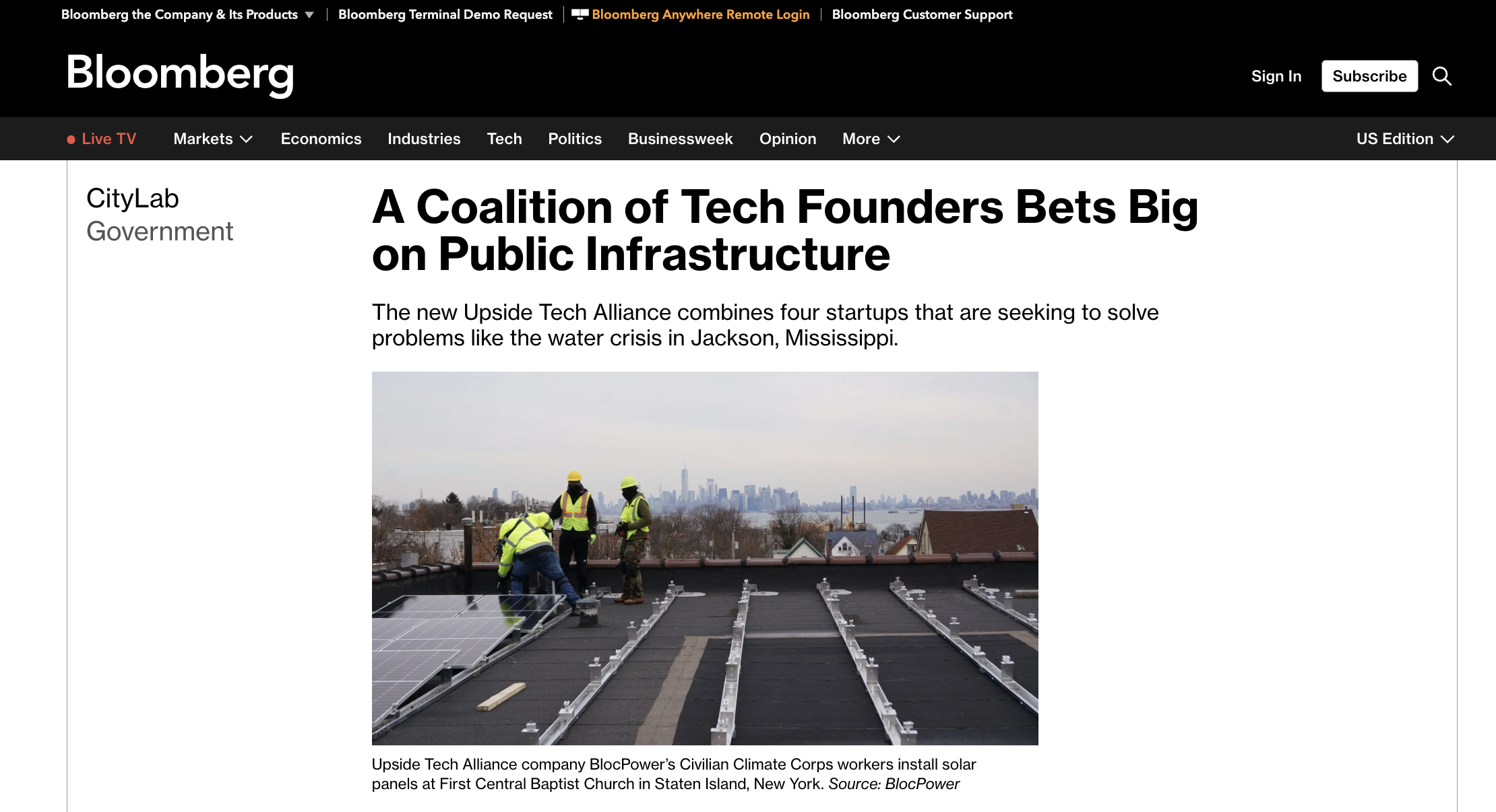 Bloomberg CityLab article about the Upside Tech Alliance alongside targeted meeting decks for Newark, St. Louis, and Miami