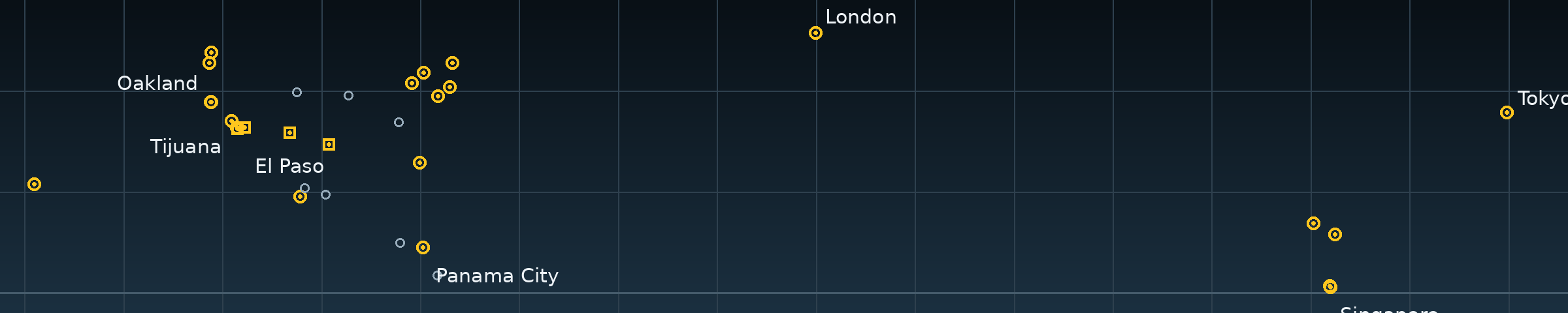 Thirty-two cities plotted by latitude and longitude, with seaports and land ports marked